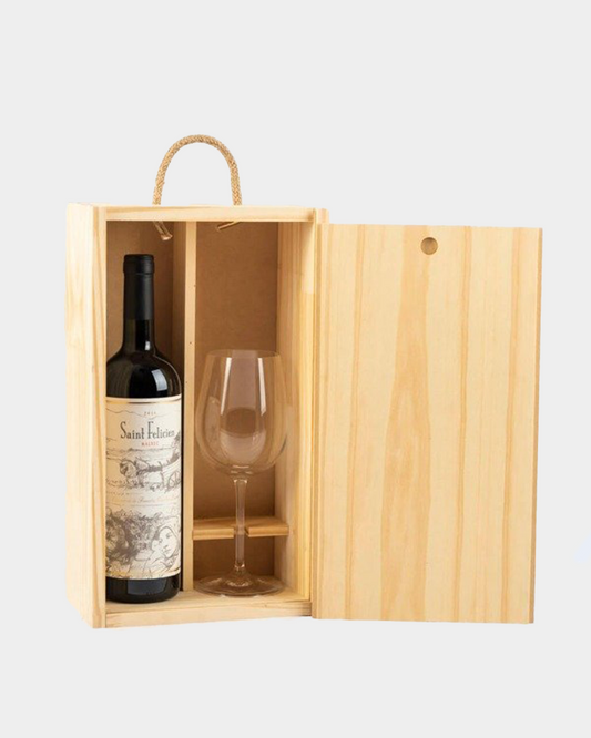Estuche de Madera con un vino y una copa de vino