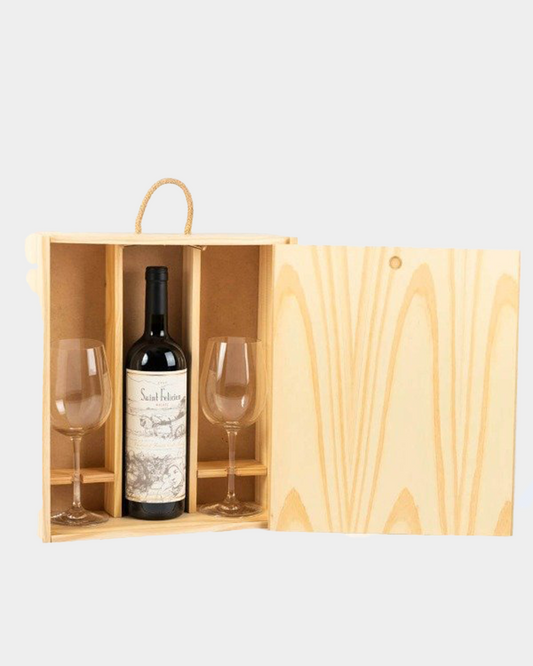 Estuche de Madera con un vino y copas